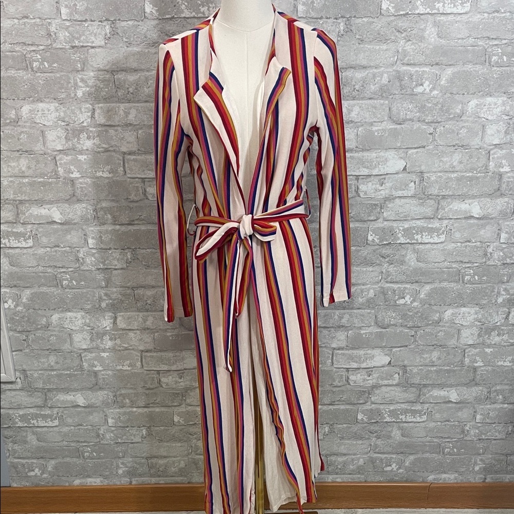 Dee Elly multicolor rainbow striped open front cardigan with a belt